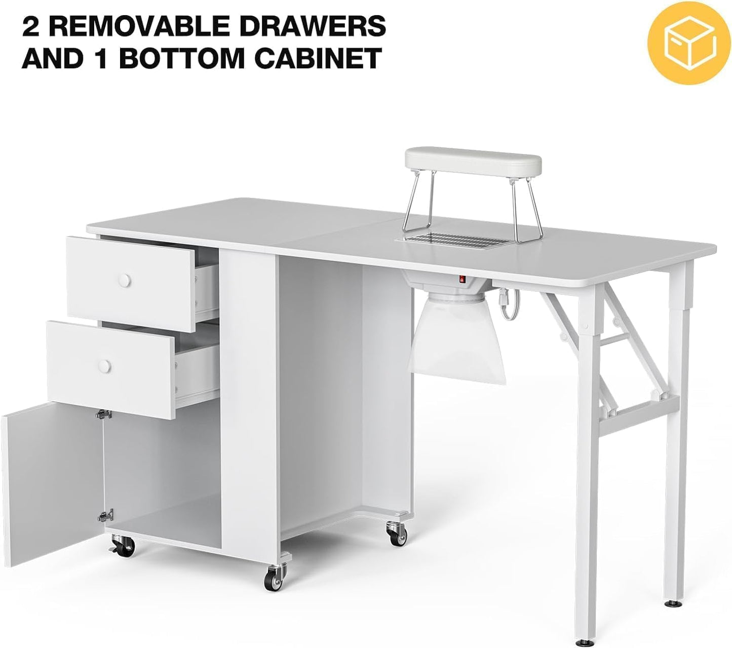 Foldable Manicure Table - Portable Nail Desk with Electric Downdraft Vent | Lockable Wheels & Storage Drawers (White)