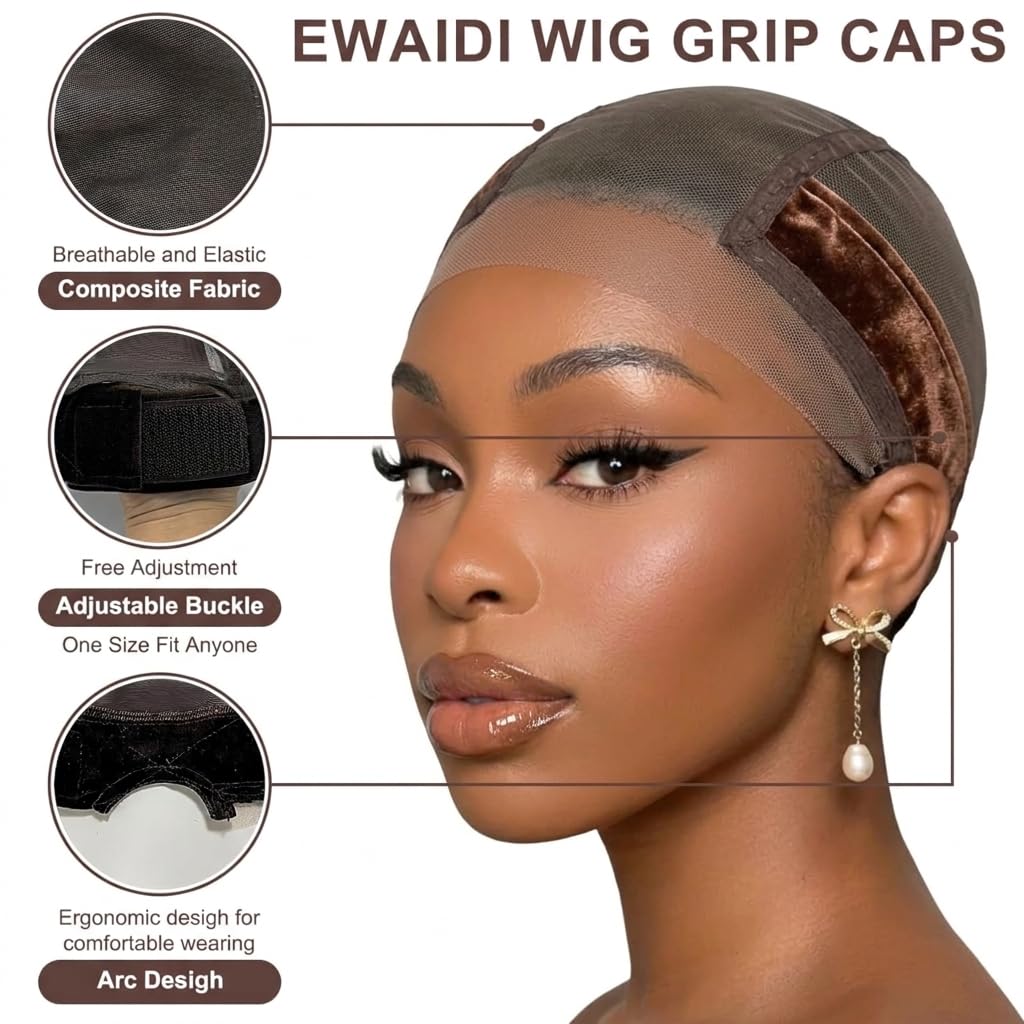 VITASHYNX 2 Pcs Wig Grip Cap for Women, Wig Cap with Grip Band Adjustable Make Your Wigs Be Glueless, 4X5 Transparent Lace Non Slip Caps for Lace Front Wigs (Brown)