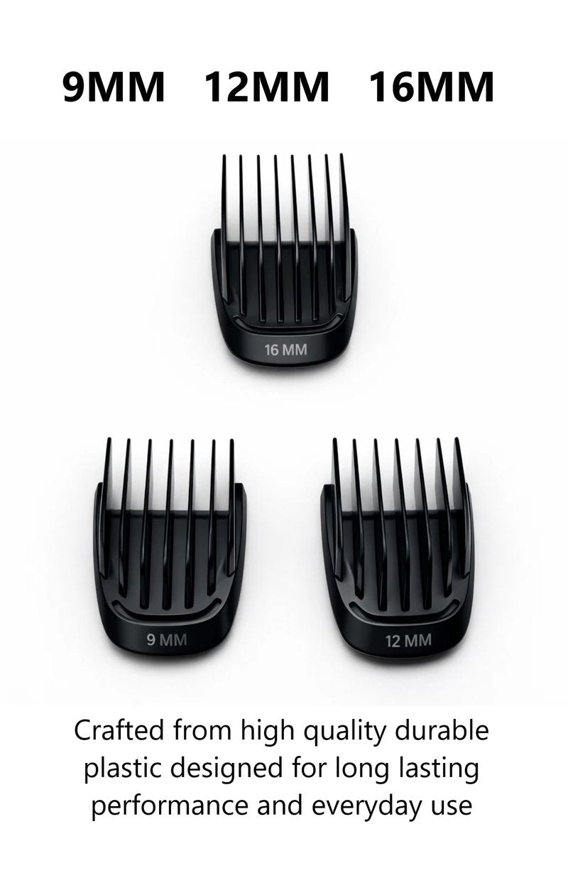 Replacement 3 Piece Set (9mm 12mm 16mm) Beard Stubble Blade Guards with Brush for Philips Norelco Multigroom Trimmer (View Photos and Description for Compatible Models and Blade Sizes)