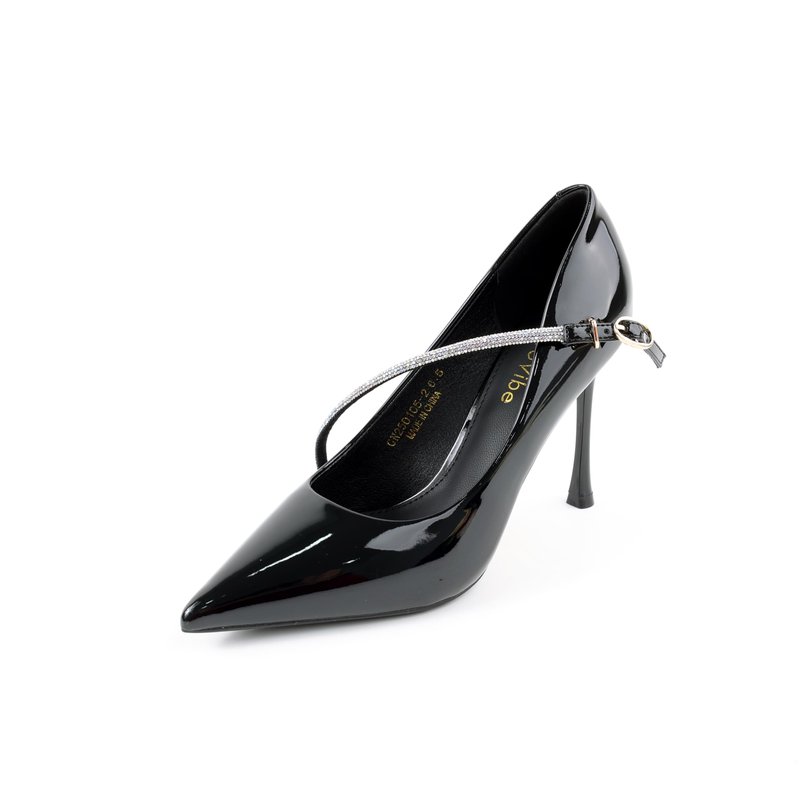 Elegant Crystal-Strap Stiletto Heels, Patent Leather Pointed-Toe Pumps with Gold Accent & Pearl-Embellished Buckle, Chic High Heels for Evening, Office, or Special Occasions (Black, US Footwear Size System, Adult, Women, Numeric, Medium, 5)
