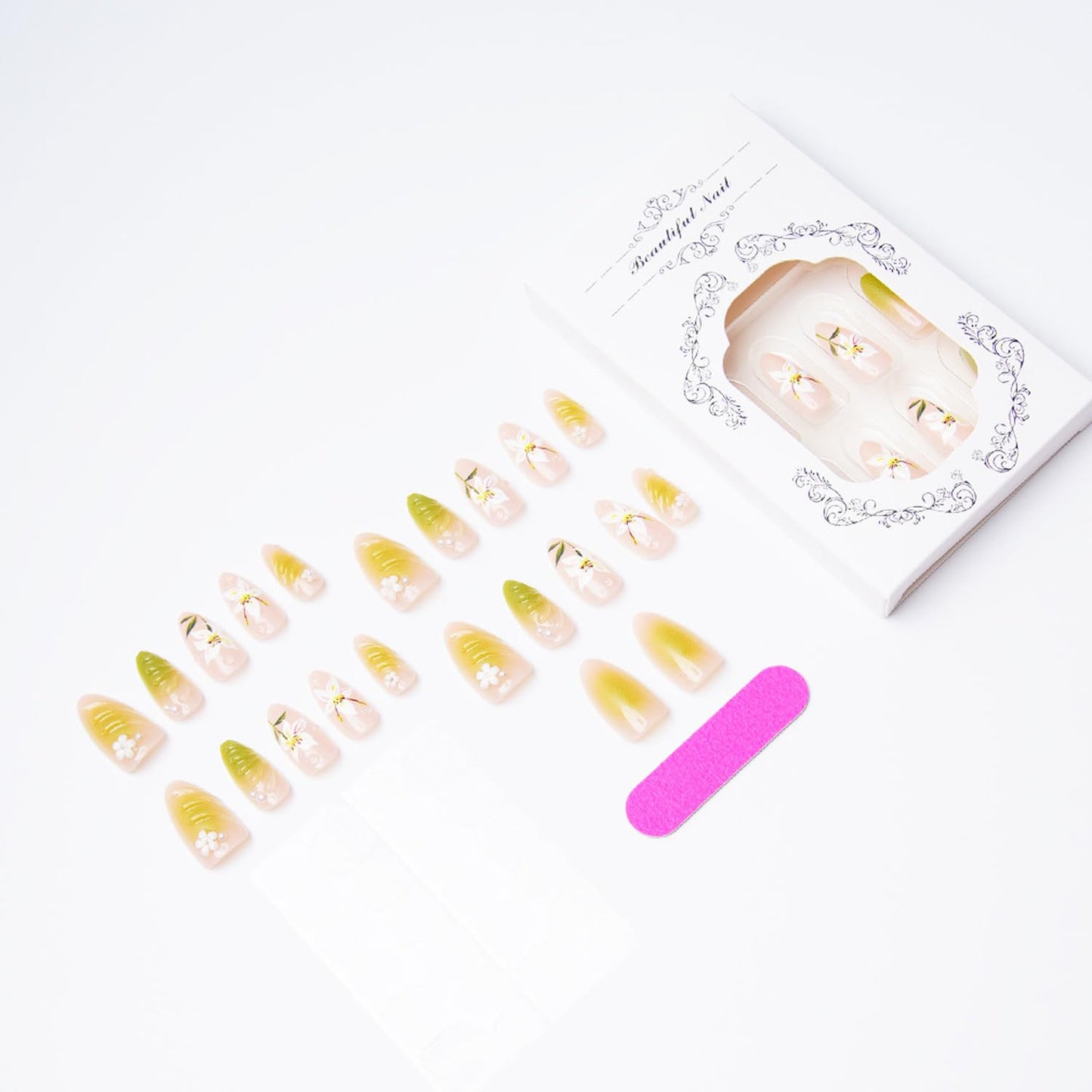 Spring Flower Press-On Nails - Hand-Painted 3D Floral Design | Medium Almond Shape, Green Gradient