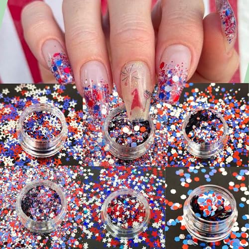 YUEJIMEIGUI 6 Boxes Patriotic 4th of July Star Glitter Nail Sequins Red White Blue for Nail Art & DIY Crafts