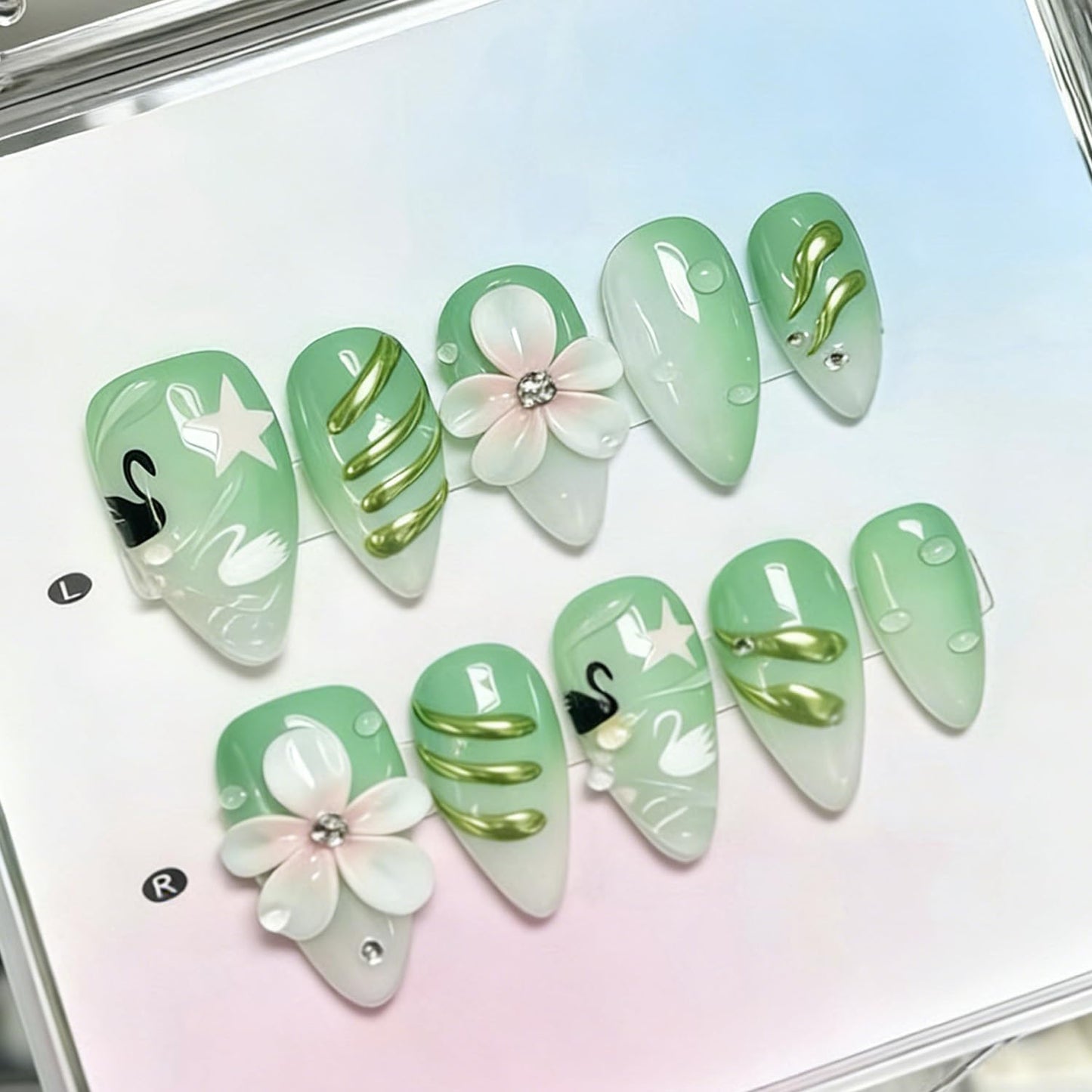 Summer Beach Press-On Nails Set - 24Pcs Medium Almond Floral Design with 3D Starfish & Seashell | Full Cover Ocean Manicure for Women