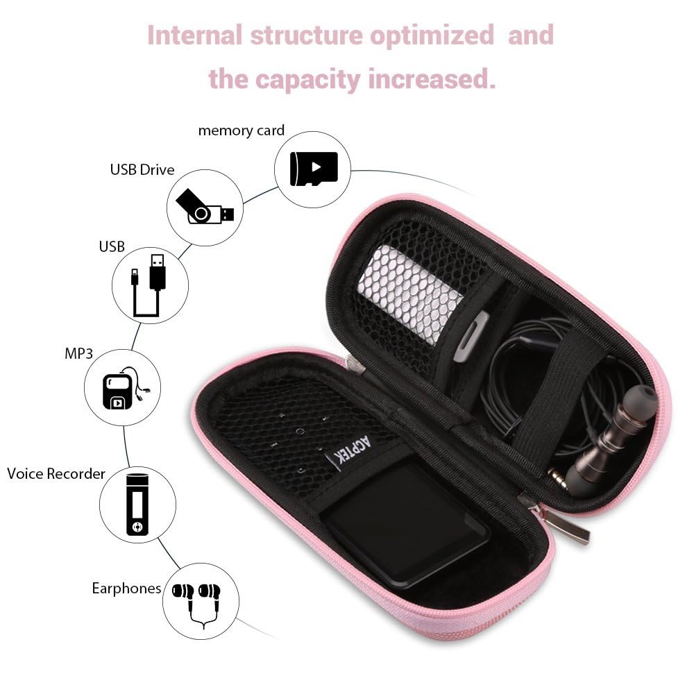 AGPTEK Carrying Case, EVA Zipper Carrying Hard Case Cover for Digital Voice Recorders, MP3 Players, Storage Holder for 3D Printing Pen, USB Cable, Earphones, Memory Cards, U Disk, Pink
