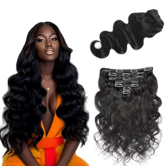 #1B Body Wave Clip in Hair Extensions Real Human Hair, 32 Inch 120g/7Pcs,Full Shine Remy Human Hair,Natural Black Clip ins Brazilian Virgin Human Hair Extensions