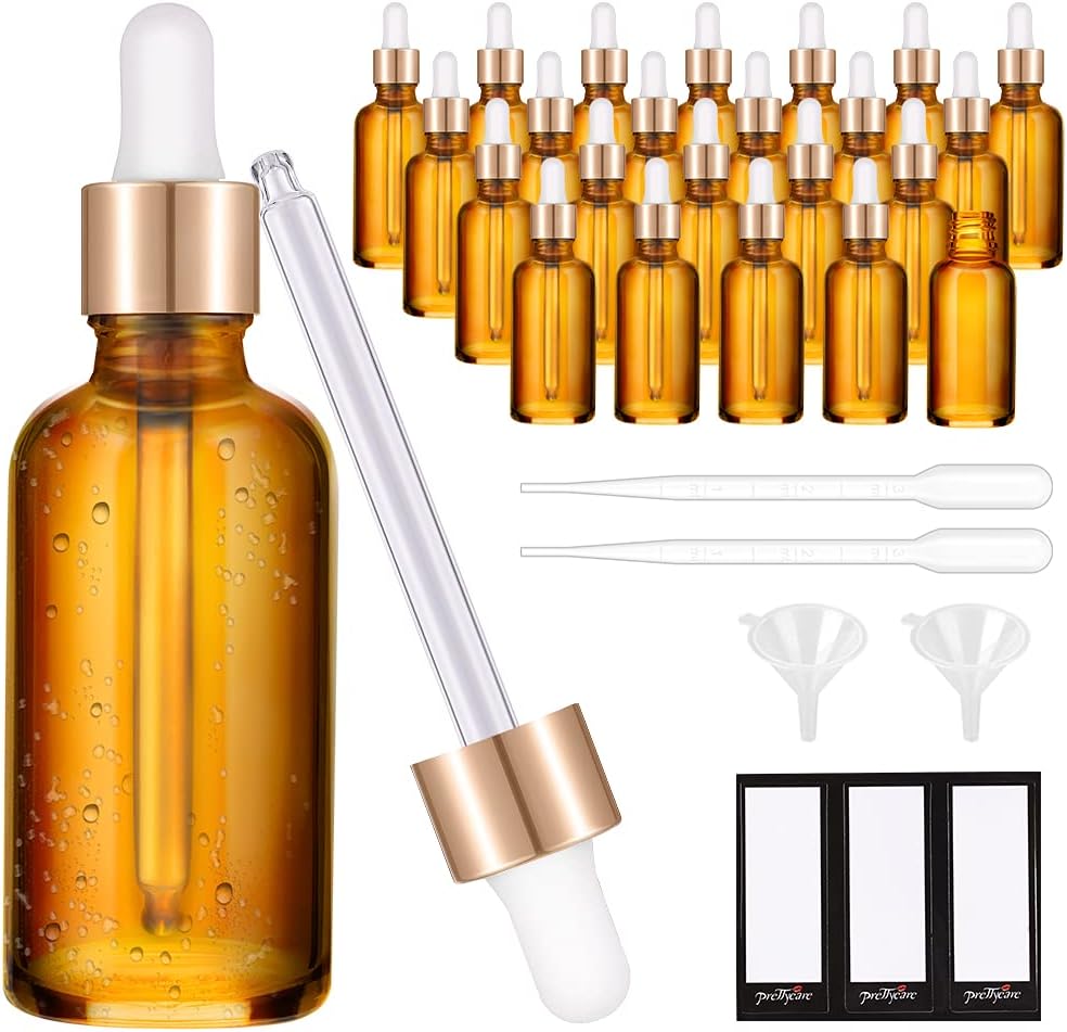 Glass Eye Dropper Bottles - 24 Pack 0.5oz Amber Leakproof Bottles with Golden Caps | Perfect for Essential Oils, Tinctures, Travel