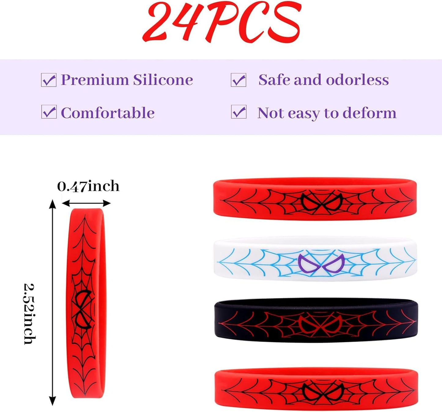 Spider Theme 24-Pcs Silicone Wristbands | Hero Party Decorations for Boys & Girls Birthday Favors