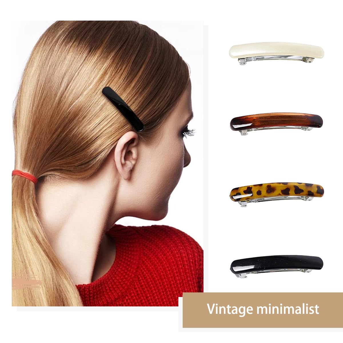4PCS Tortoise Shell Hair Clips for Women, Oval Classic French Hair Barrettes, Curved Glossy Hair Accessories for Women Thick Long Hair
