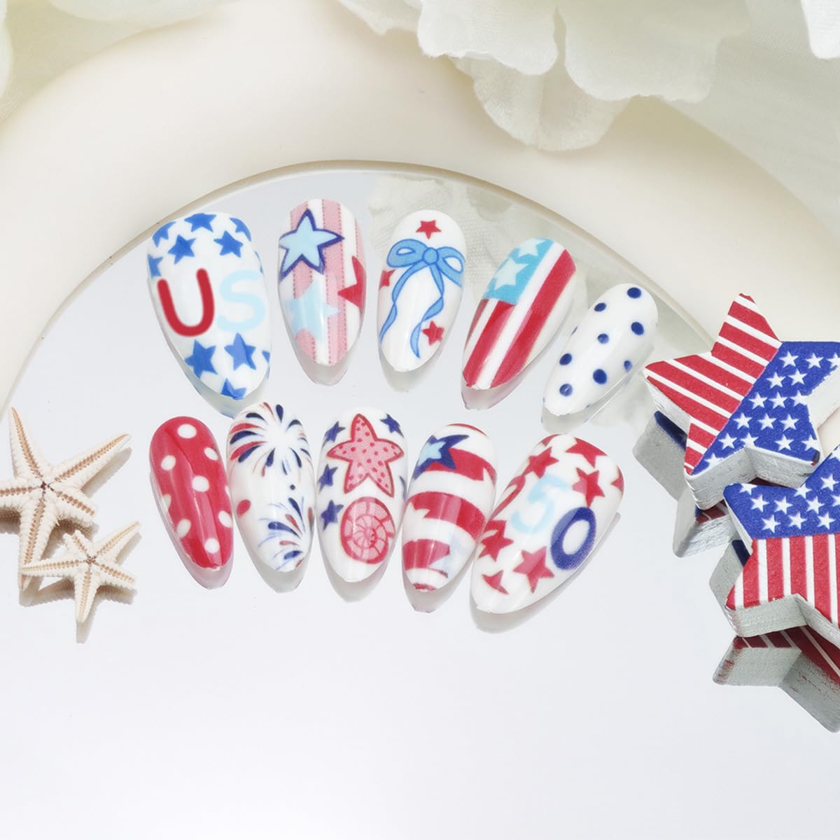 24Pcs 4th of July Press-On Nails - Short Almond American Flag Designs | Patriotic Summer Manicure