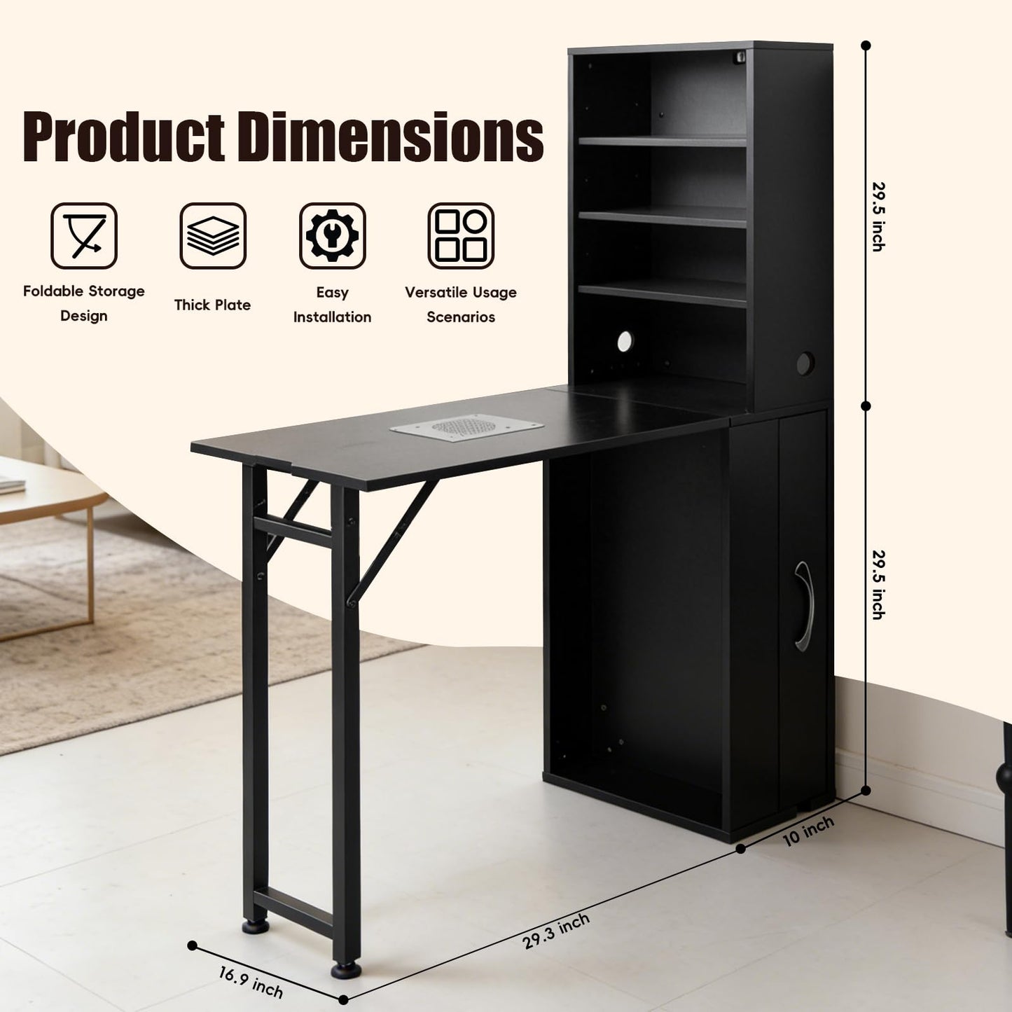 LOVEVLOGY Lovelogy Professional Portable & Foldable Nail Desk with Dust Collector Wall Mount Manicure Table with Storage Nail Cabinet with Hand Rest，Black