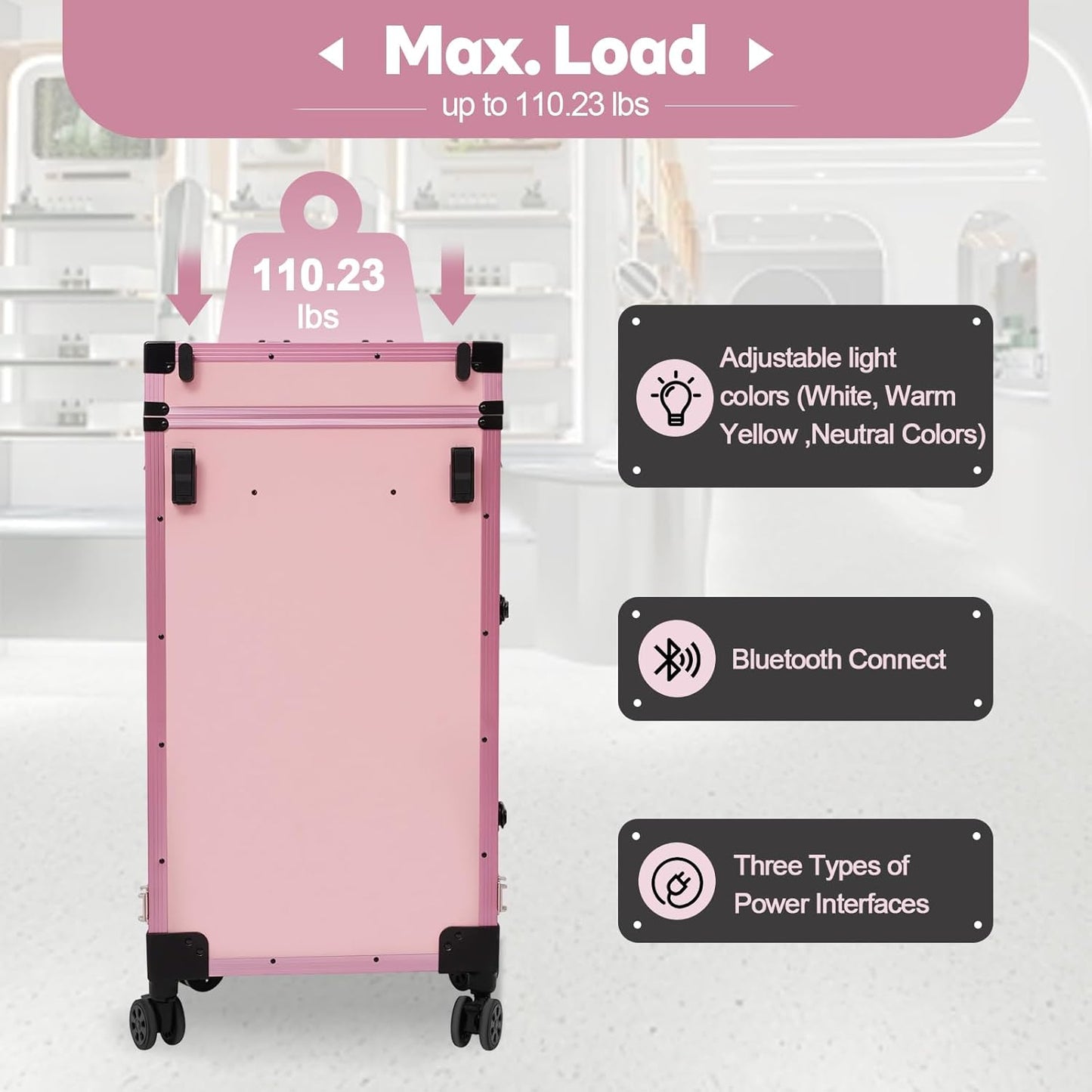 Portable Rolling Manicure Table - Foldable Nail Desk with Storage & Adjustable Light | Pink, 3 Drawers