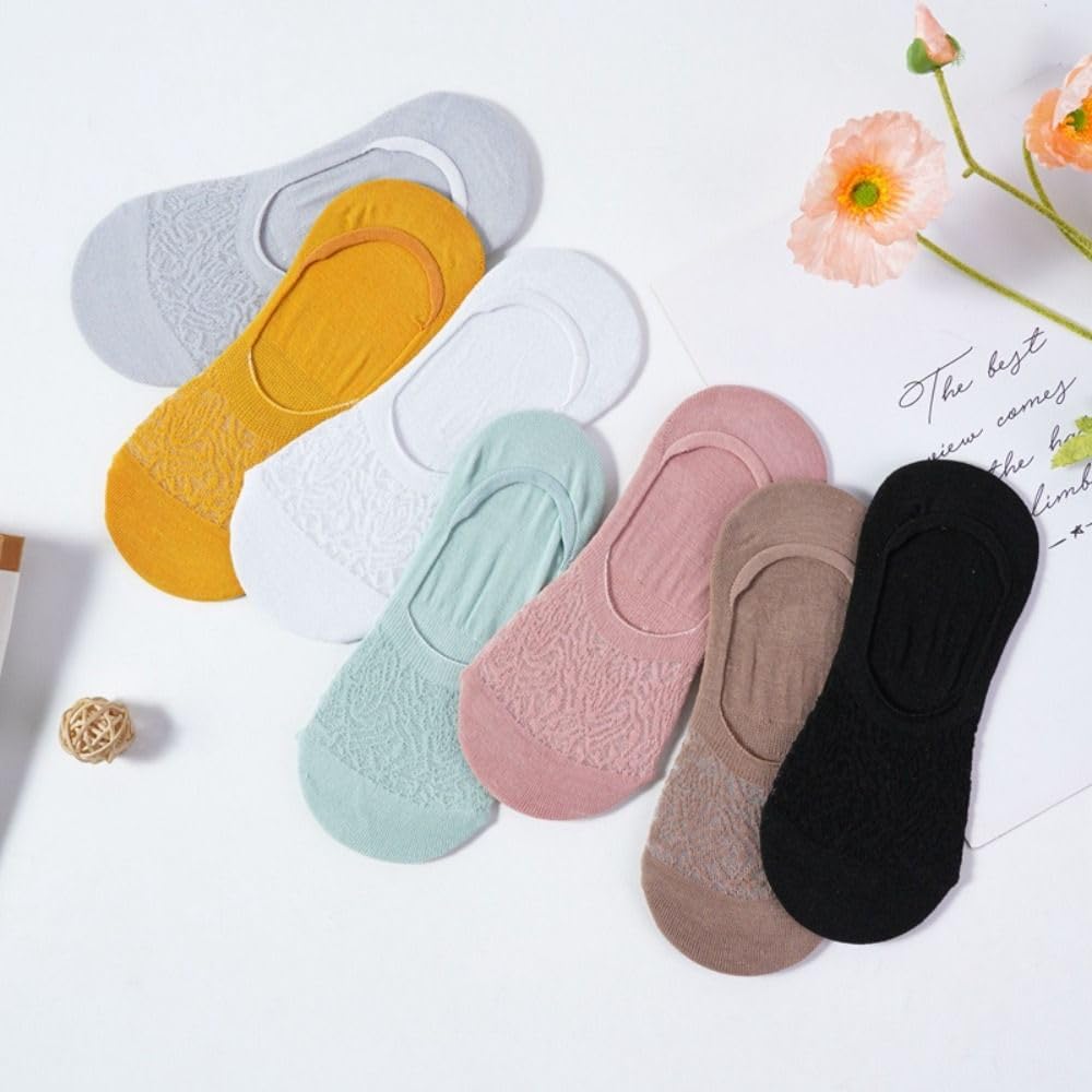 Silicone Simple Lace Socks Hollow Breathable Crew Socks Women Socks Mesh Socks Invisible Boat Socks(Black)