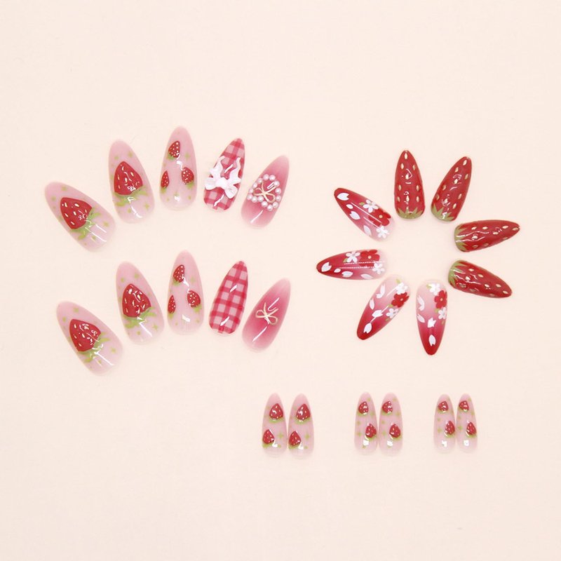 Strawberry Flower Press-On Nails - 24Pcs Medium Almond Acrylic Nails with 3D Heart Pearls & Bow Charms | Pink Gradient Glossy