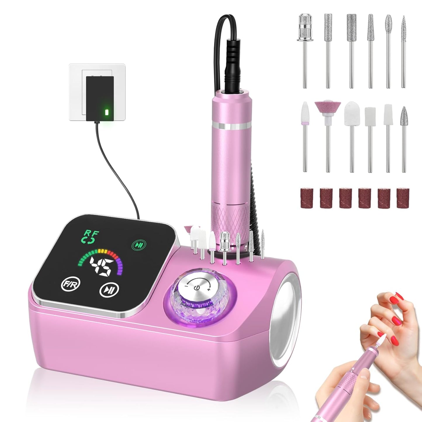 Electric Nail Drill E-File Machine - 45,000 RPM Corded Kit with Low Noise & LED Display for Acrylic Gel Nails | Salon & Home Use