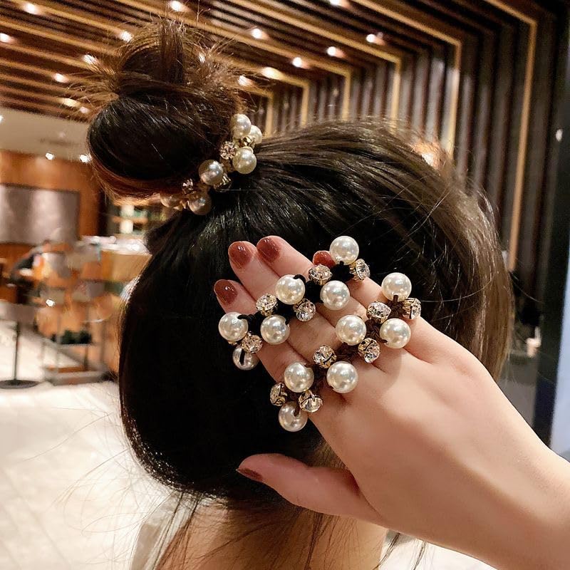 Chic Rhinestone & Faux Pearl Flower Hair Ties - 2pcs Set for Girls | Stylish Everyday & Vacation Accessory, Black