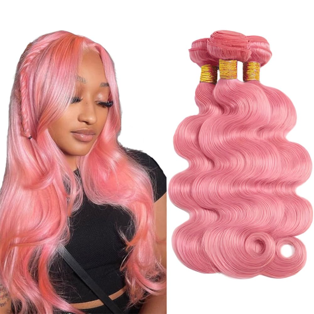 Pink Bundles Human Hair Body Wave Bundles 22 24 26 Inch Pink Body Wave Bundles Unprocessed Brazilian Virgin Hair 3 Bundle 50 Gram Per Bundle Deals Quick Weave Hair Extensions