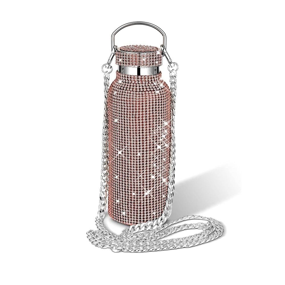 Rhinestones Water Bottle Rhinestone Water Bottle Glitter Tumbler, Thermal with Chain Bling Cups ﻿(350ml,Purple)