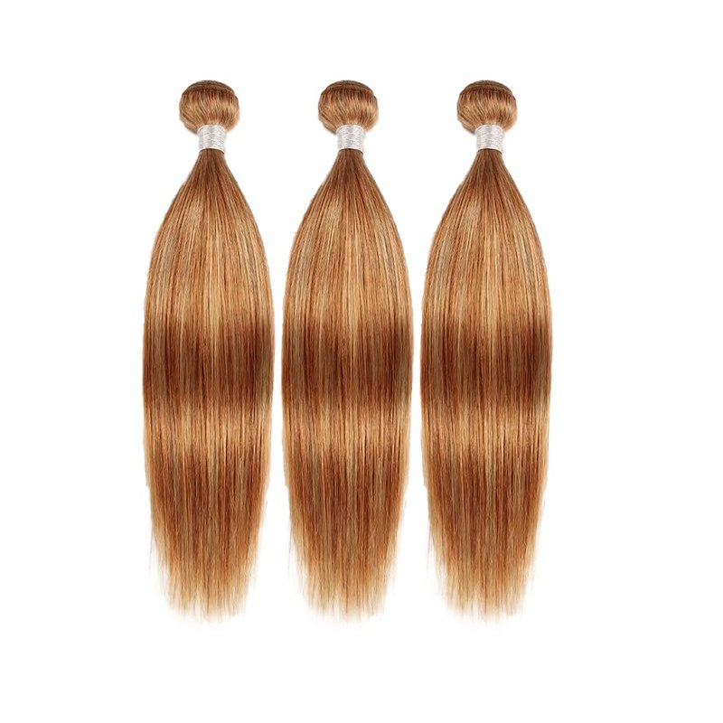 Blonde Human Hair Bundles P27/30 Straight Bundles 24 24 24 Inch Brazilian Virgin Soft and Silky Remy Hair Extensions 2 Tone Honey Blonde and Light Brown Bundle Double Weft Hair Weave