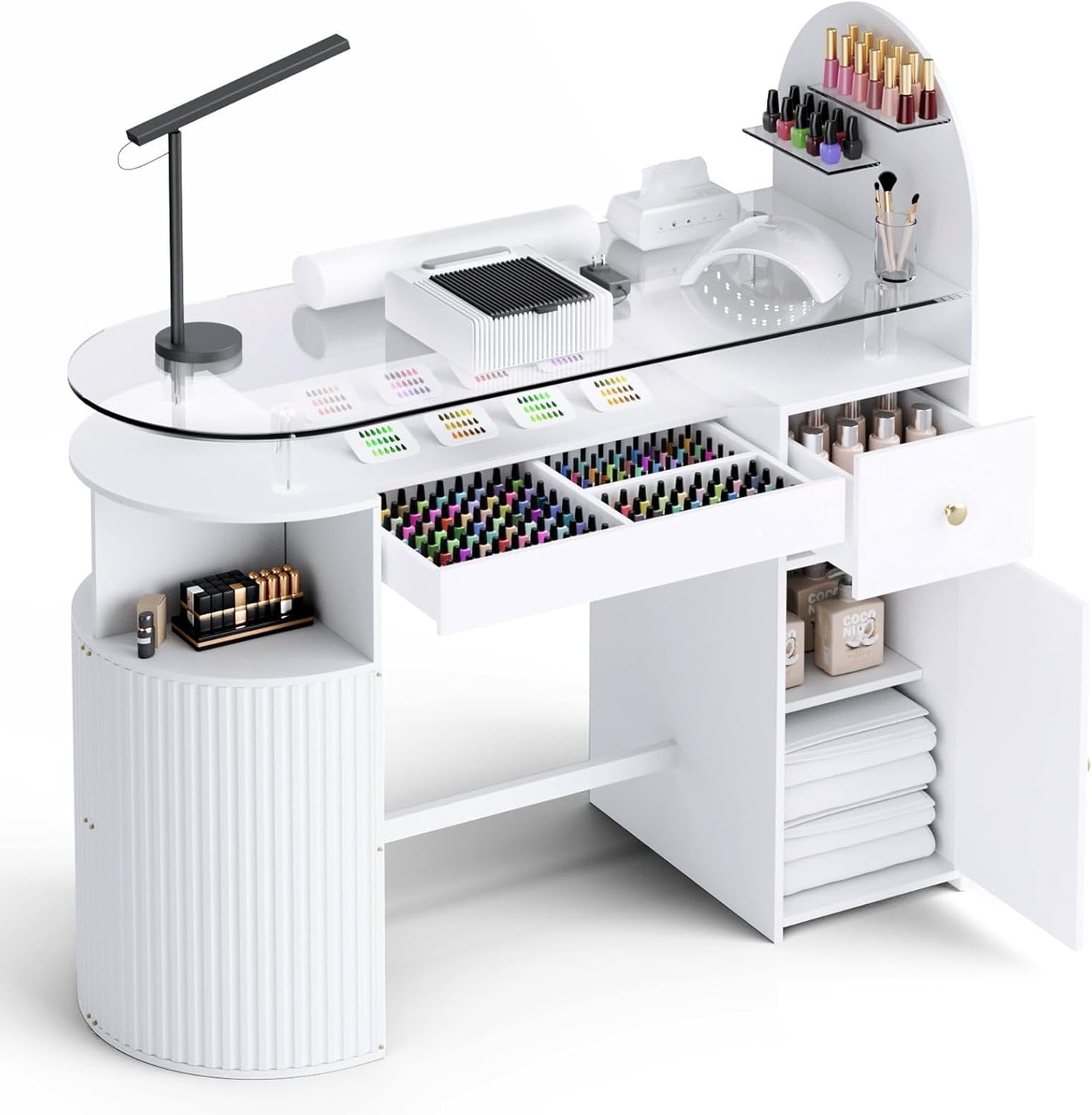 Professional Manicure Table with Dust Collector - Tempered Glass Top & Storage Drawer | Nail Salon Workstation (White)