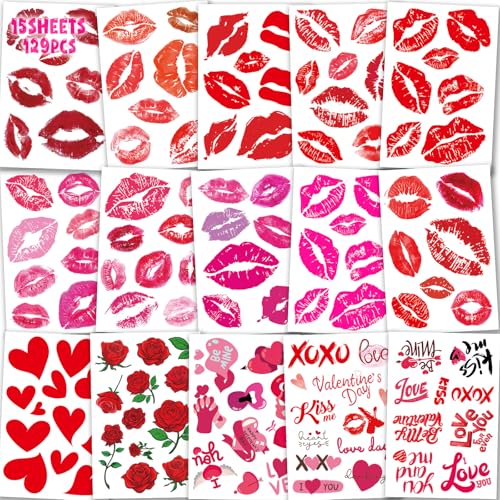 Sellentduct Kiss Valentine Red Lip Tattoos - 15 Sheets, Waterproof & Temporary for Kids & Adults