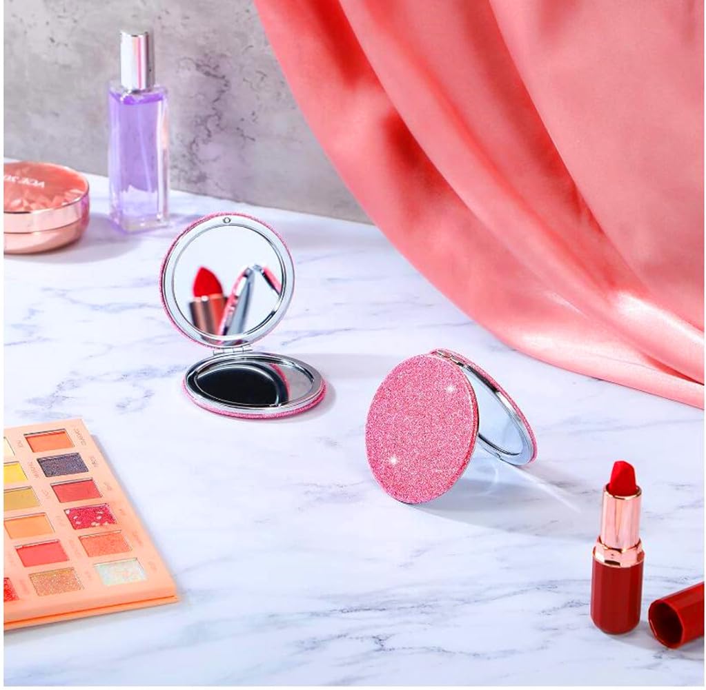 mpowtech Cute Pink Compact Mirror for Women,Small Magnifying Travel Mirror with Glitter,Portable 2 x 1x Magnification Folding Pocket Makeup Mirror Cosmetic Mirror for Gift Travel Essentials