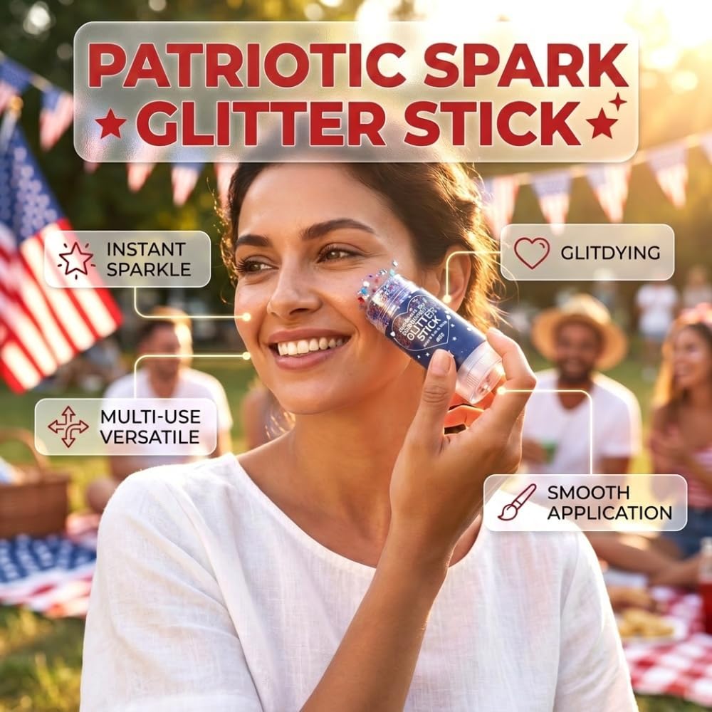 4th of July Glitter Stick, 2026 New Red, White & Blue Body & Hair Sparkle for 4th of July, Patriotic Red White and Blue Body Glitter Stick Makeup for Independence Day 250 Anniversary (Blue Silver)