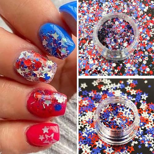 YUEJIMEIGUI 6 Boxes Patriotic 4th of July Star Glitter Nail Sequins Red White Blue for Nail Art & DIY Crafts