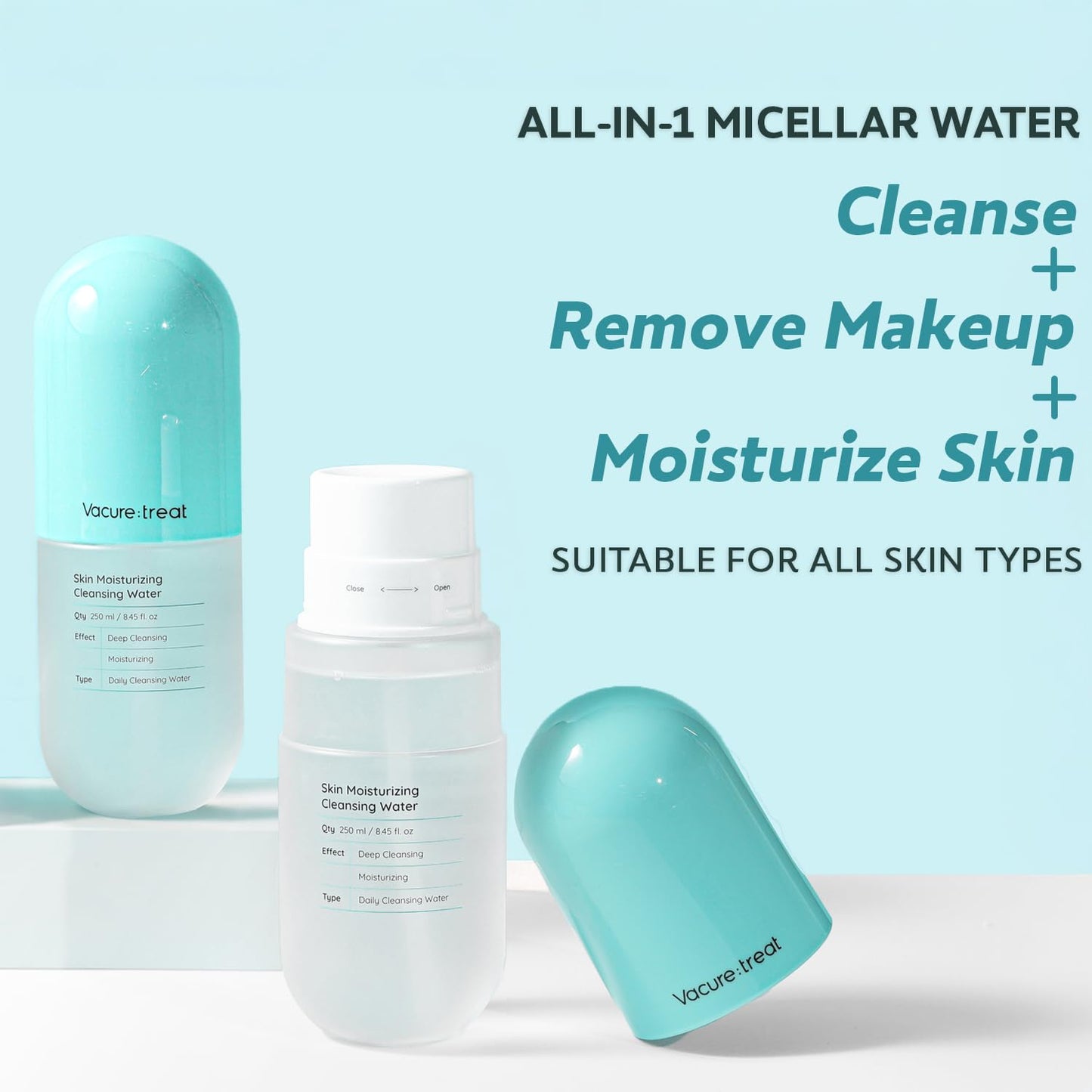 Vacure:treat Micellar Water, Gentle Facial Cleanser & Makeup Remover for Adults, Cleansing & Moisturizing, Suitable for All Skin Type, Natural Ingredients, Postbiotics, Panthenol 8.45 Fl. Oz, 1 Count