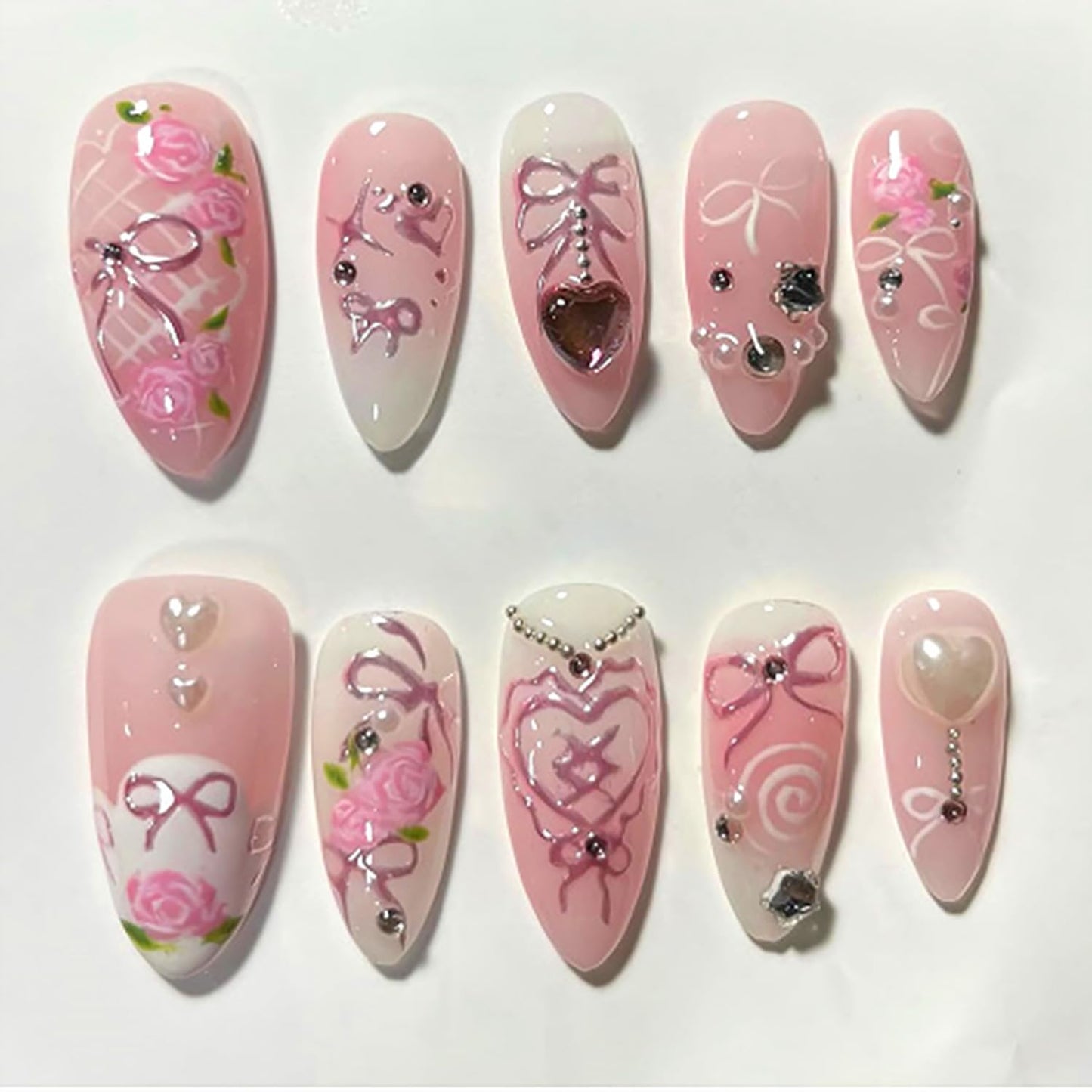 Blue Flower Press-On Nails - Medium Almond French Tip with Bow Design | Glossy Full Cover for DIY Manicure