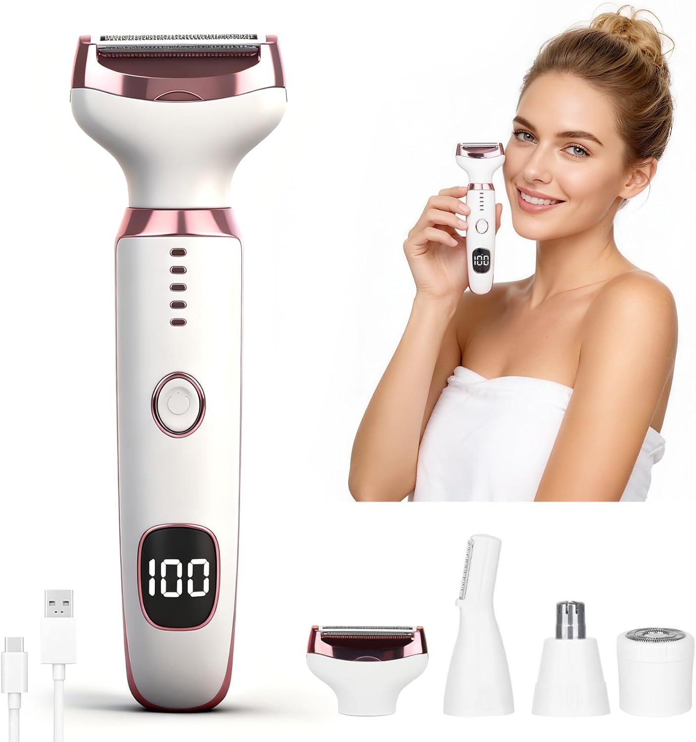 Electric Razor for Women & Men - 4-in-1 Rechargeable Shaver with LED Display | Painless Hair Removal for Face, Body, Legs, Bikini (White)