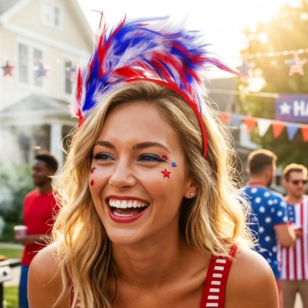 Zoestar Feather Fascinator Headband 4th of July Headpiece Patriotic Independence Day Party Festival Hair Accessories for Women (Blue White Red)
