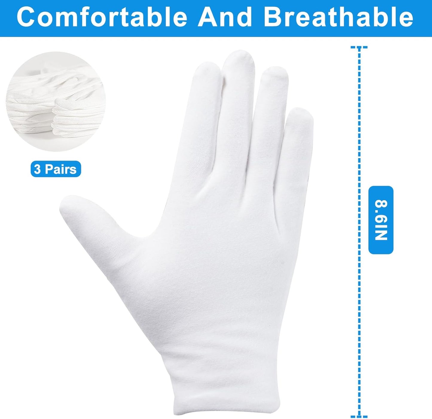 Cotton Gloves for Eczema & Dry Hands | Moisturizing Overnight Care - 3 Pairs, White