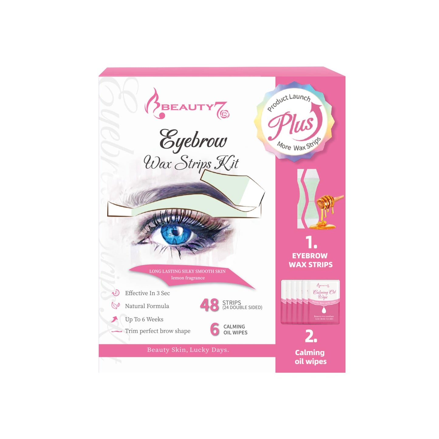 Beauty7 Fit Eyebrow Wax Strips Plus Volum, Pre-cut Facial Hair Removal, Lip Hair Removes, at Home Waxing 48 Strips, 6 Calming Oil Wipes, for All Skin Types Women