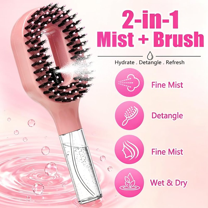 2-in-1 Hair Brush with Water Spray - Wet & Dry Detangler for Wavy & Straight Hair | 50ml Reservoir, Anti-Frizz