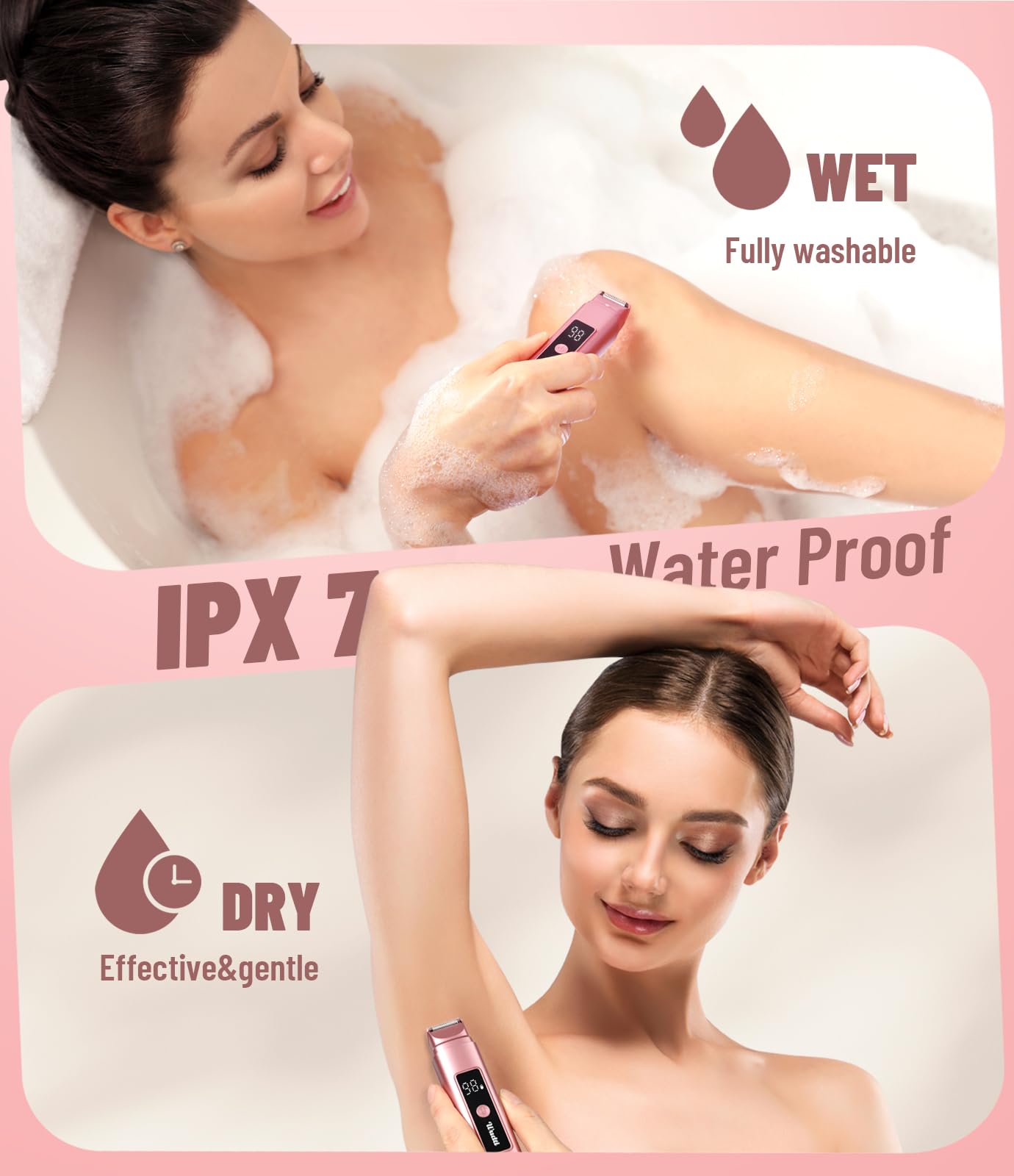 Dual Head Electric Bikini Trimmer for Women: IPX7 Waterproof Lady Shaver with LED Display - Rechargeable Pubic & Body Hair Razor - Rococo Pink