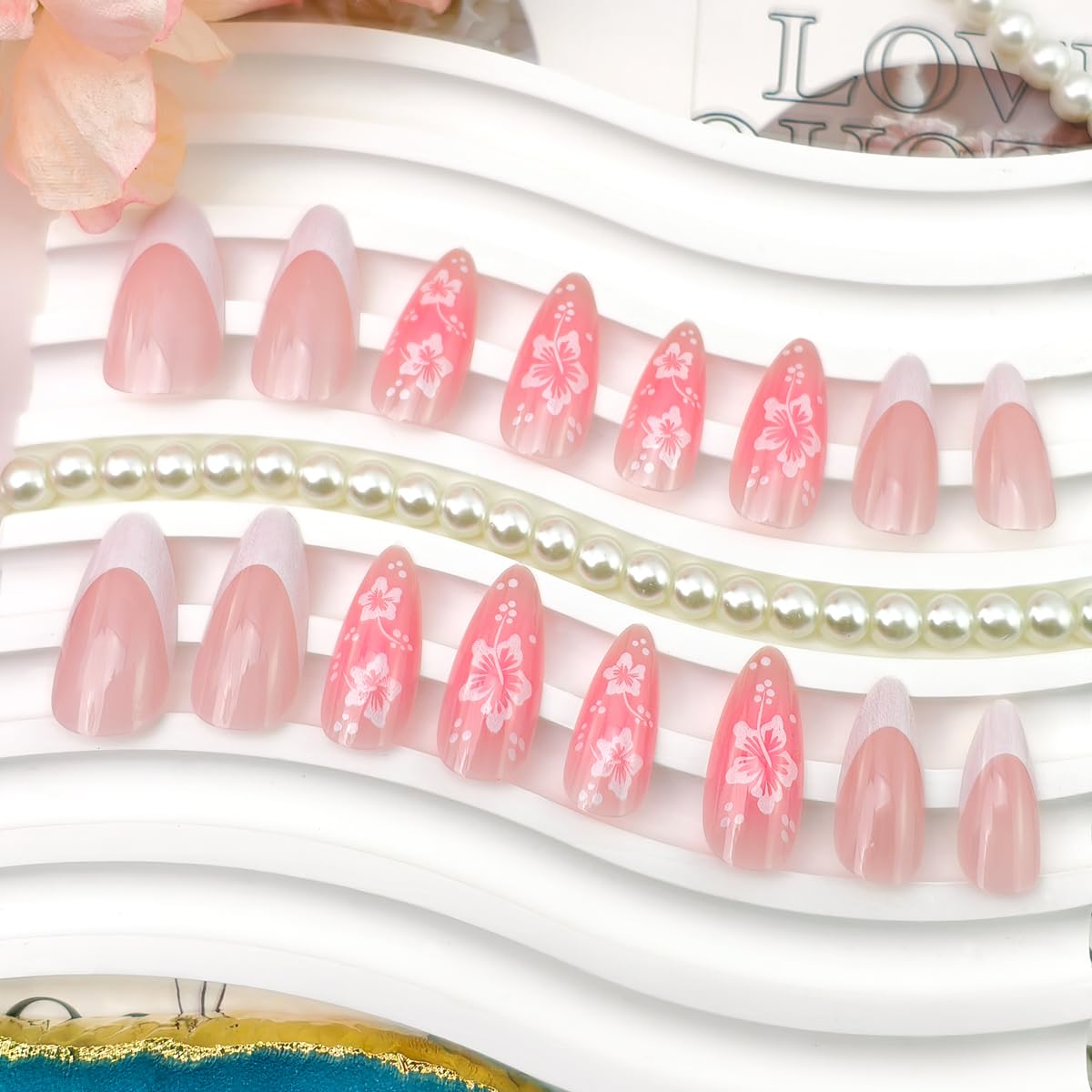 Short Almond Press-On Nails - 24 Pcs French Tip with Leopard Print & Gold Beads | Reusable Acrylic Nail Designs for Women
