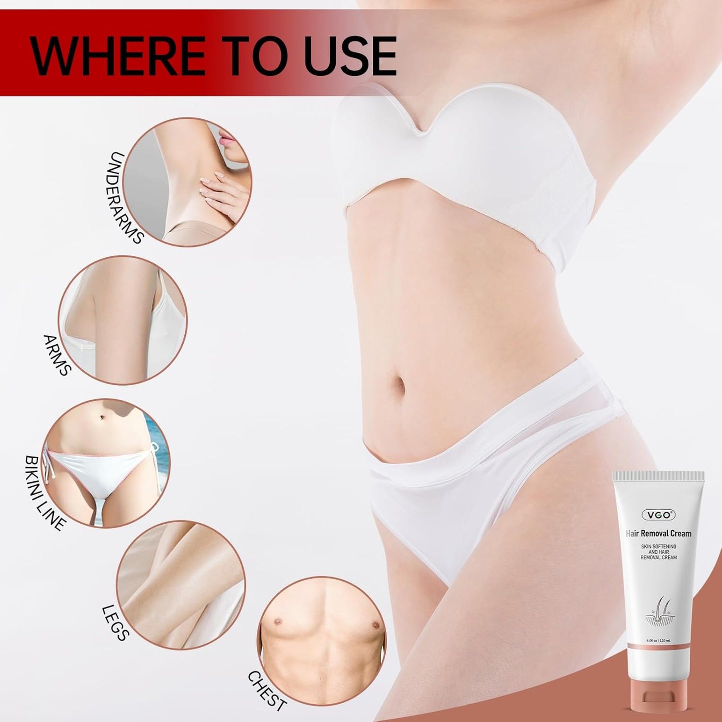 VGO Painless Hair Removal Cream for All Skin Types - 4.06oz with Spatula | Ideal for Body, Back & Legs