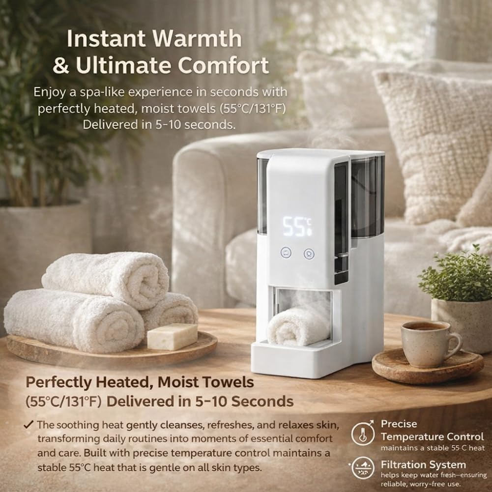 Fast Hot Towel Dispenser - 55℃ Silent Auto-Dry with Voice Alerts | Portable for Spa, Facial & Home Use