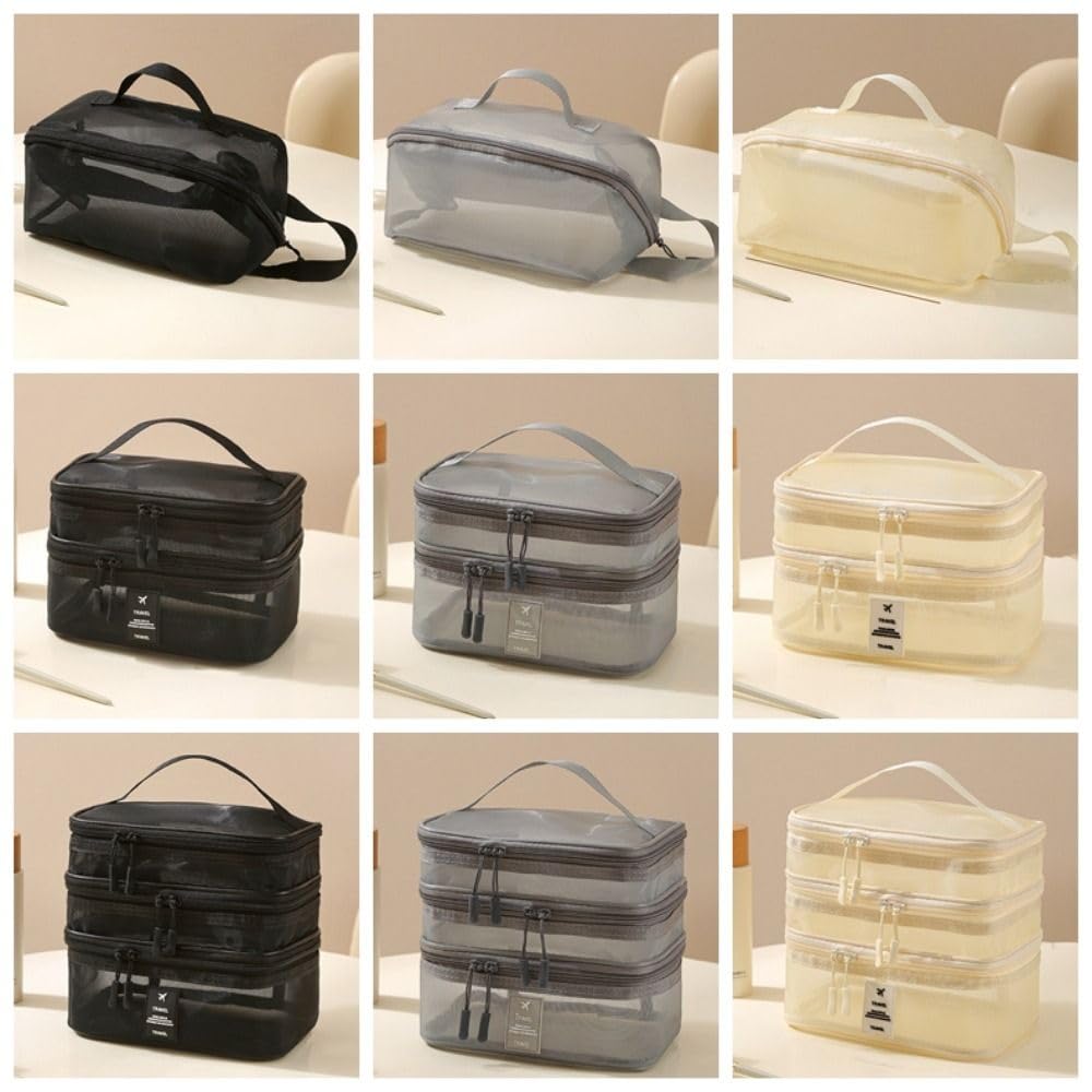 Mesh Cosmetic Bags 1/2/3 Layers Casual Wash Pouch Double-layer Storage Bag Portable Multifunctional(1 Layer Beige)
