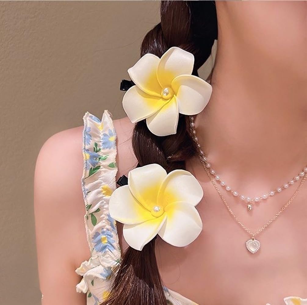 Hawaiian Plumeria Hair Clips - 3pcs Galsang Flower Barrettes for Beach Parties | White