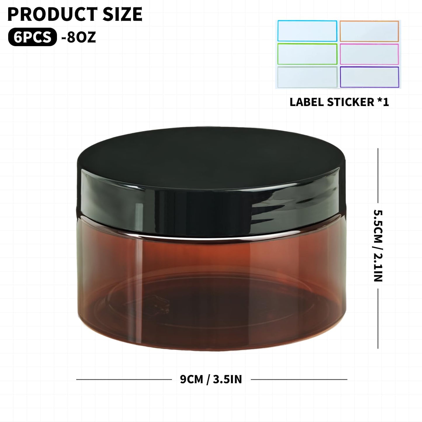 8 oz Plastic Container Jars with Labels, 6 Pcs Empty Round Cosmetic Containers with Black Lid for Cream, Body Butter, Makeup, Travel Samples (Amber)