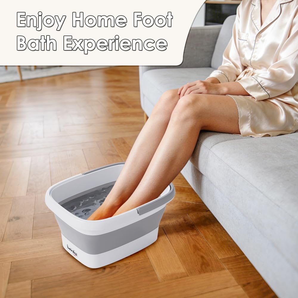 Collapsible Foot Bath Basin - Soaking Tub with Handles & Acupoint Massage | Foldable Plastic Bucket - Gray