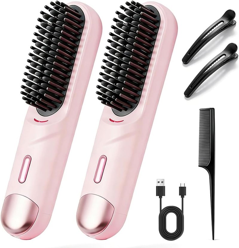 Pro Cordless Hair Straightening Brush - Fast Heating Ceramic for Short Hair | USB-C Rechargeable, Portable Pink Styling Tool