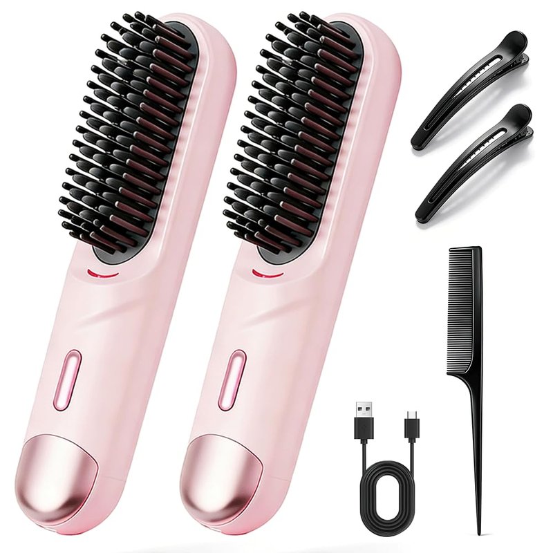 Go Brush - Pro for Short Hair, 2026 Upgrade Portable Hair Cordless Straightening Brush, Fast Heating Ceramic Brush, USB-C Rechargeable for Short Long Hairs Travel Vacation Home Styling Tool (1, Pink)