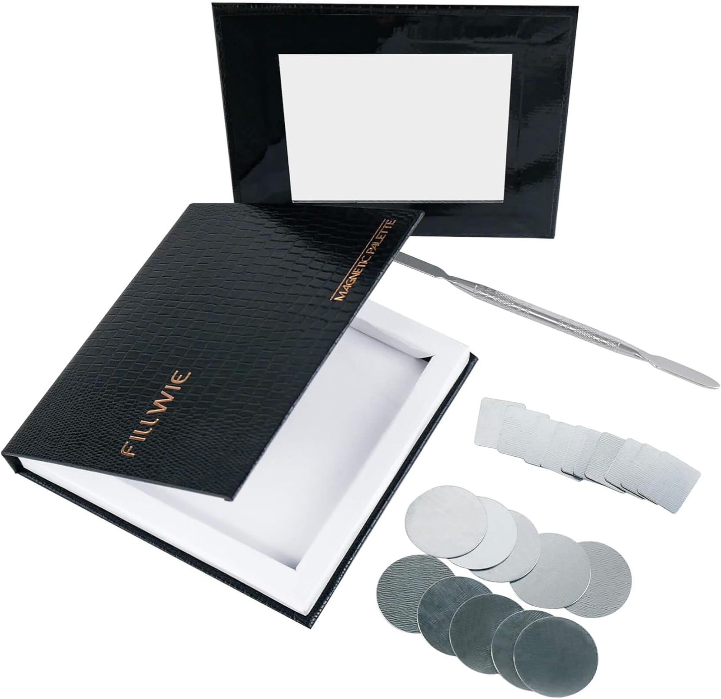 Magnetic Makeup Palette - Small Empty Cosmetic Organizer with Mirror & Spatula | Includes 20 Metal Stickers - Black