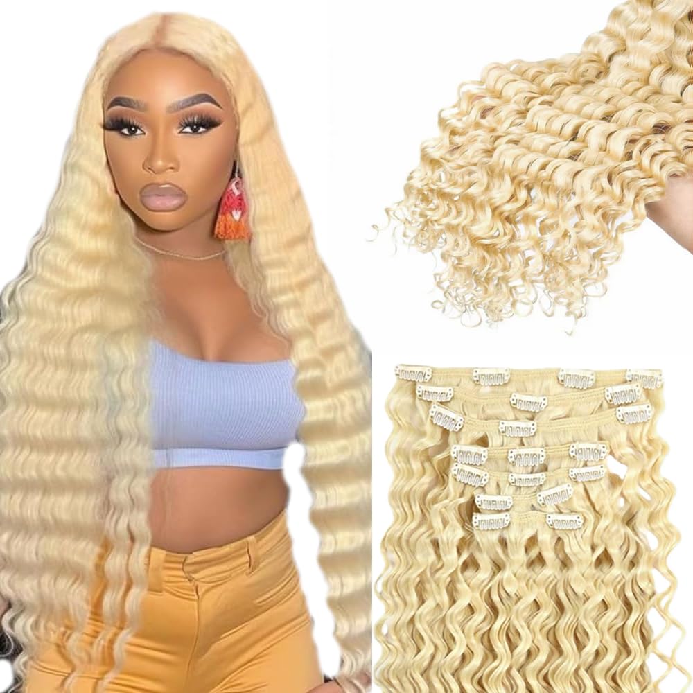 18 Inch #613 Clip in Hair Extensions Real Human Hair 120g/7Pcs,Full Shine Honey Blonde Remy Human Hair,#613 Blonde Body Wave Clip ins Brazilian Virgin Human Hair Extensions