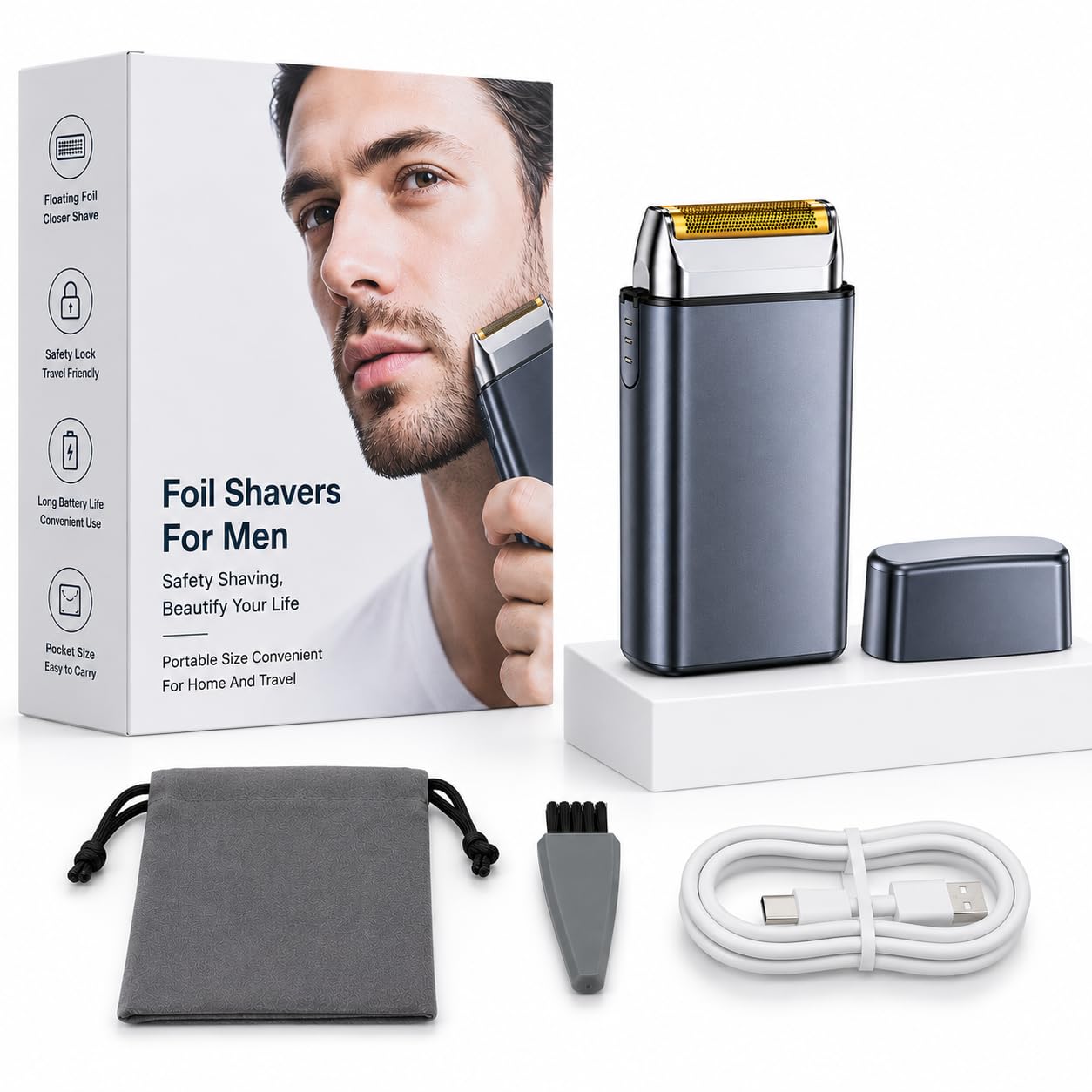 Professional Foil Shaver for Men, Rechargeable Cordless Electric Razor for Ultra-Close Shave, Travel-Friendly Design with Protective Cap & Pouch, High-Speed Powerful Motor - Grey