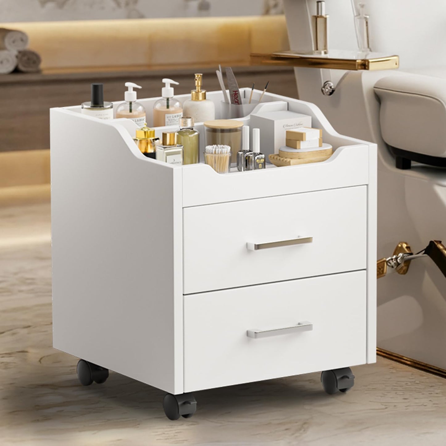 OmySalon Pedicure Cart, Foot Bath Trolley with 2 Storage Drawer, Portable Nail Esthetician Cart for Manicure & Foot Massage, Beauty Spa Supplies with Locking Wheels, Upgrade White
