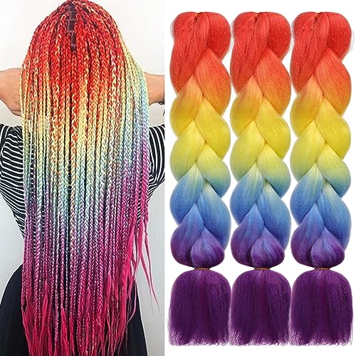 HAIRCUBE 24 Inch Ombre Rainbow Braiding Hair Extensions - 3 Packs
