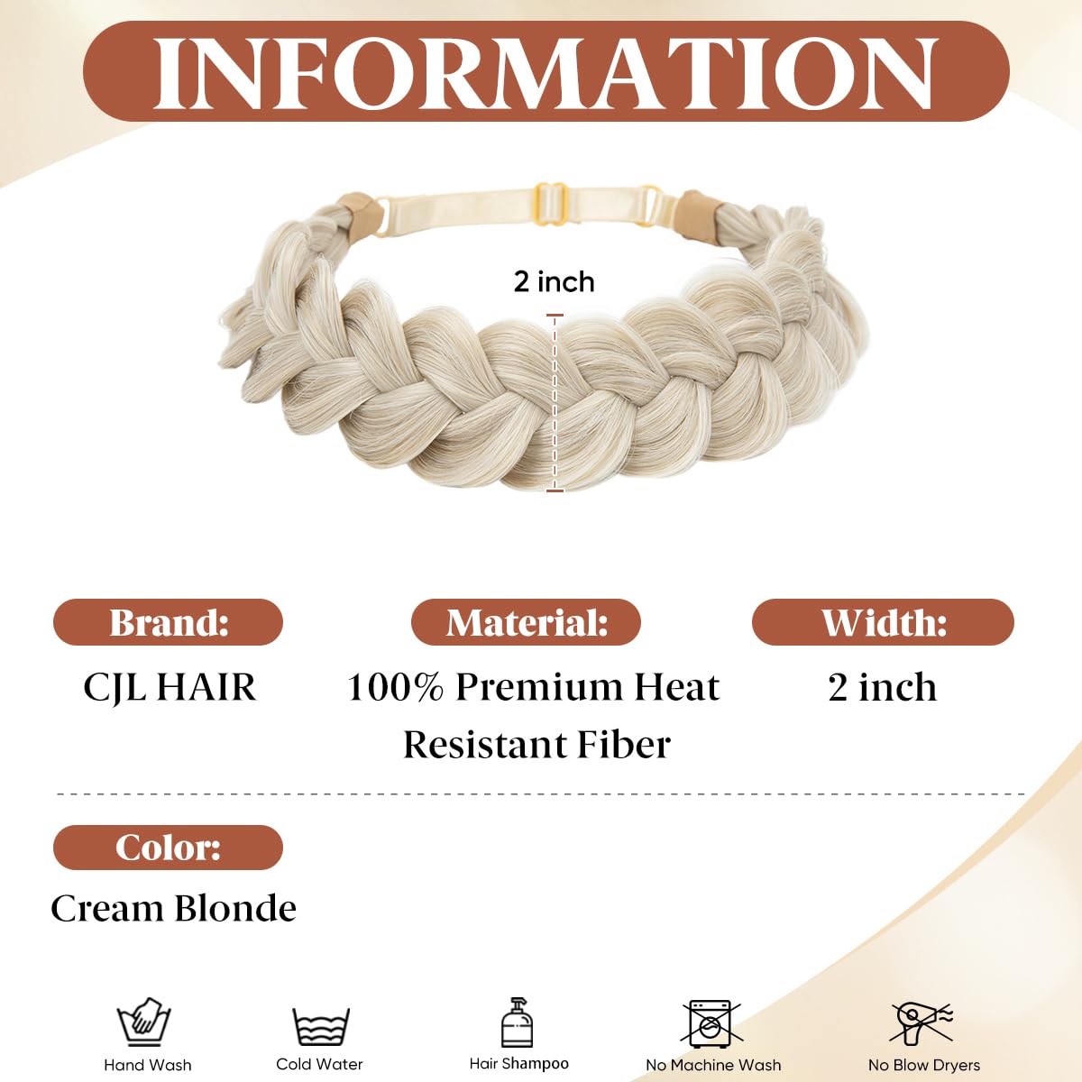 CJL HAIR Wide Elastic Braided Headbands for Women with Adjustable Strap Synthetic Hair Head Bands Handmade Braid Hairband Hairpiece 1PC Cream Blonde